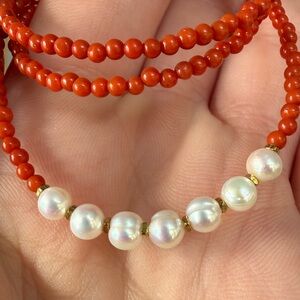 Orange Red Agate Beaded Necklace with Pearls